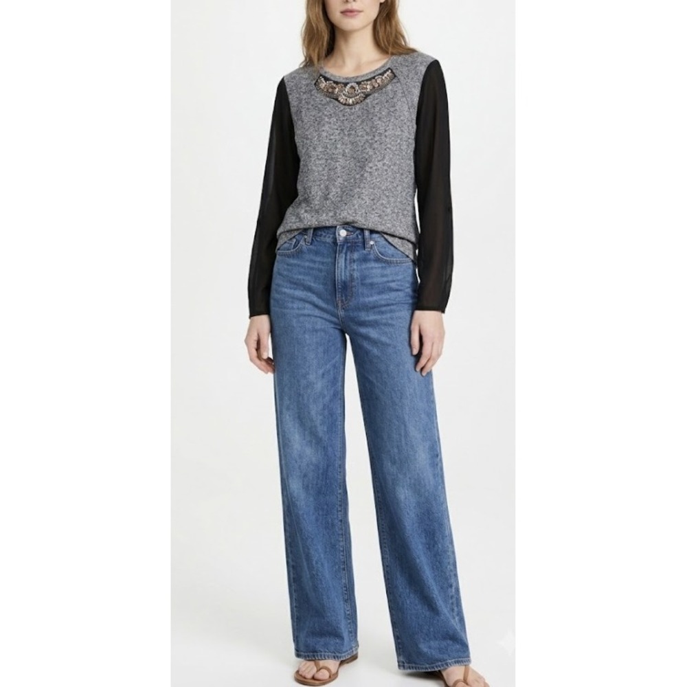 New Daytrip‎ Embellished Top Large Gray Black Sheer Sleeve Rhinestone Knit